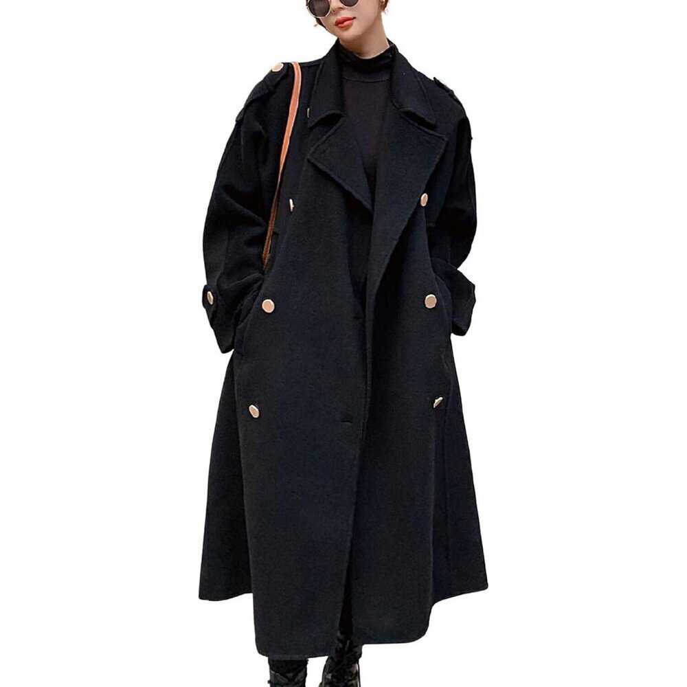 🆕Womens Black Winter Double-Breasted Wool Midi Pea Coat with Notch Lapel Trench